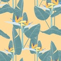 Exotic blue palms leaves and strelitzia flowers, yellow background. Floral seamless pattern. Royalty Free Stock Photo