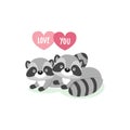 Happy Valentine`s Day greeting card with cute couple raccoons in love. Royalty Free Stock Photo