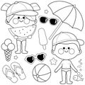 Children at the beach on summer vacation. Vector black and white coloring page.