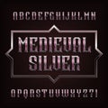 Medieval Silver alphabet font. Ornate metal letters and numbers with gemstones.