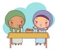 Two Muslim girls drink tea with oriental sweets and talk.