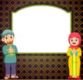 Two adult is standing in front of the blank banner with the mozaik pattern