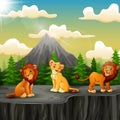 Three lion cartoon enjoying on the mountain a cliff