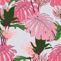 Pink line protea flowers with exotic pink monstera and green tropical leaves, light blue background. Floral seamless pattern. Royalty Free Stock Photo