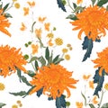 Seamless floral pattern. Orange Japanese national flower chrysanthemum and herbs.