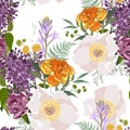 Yellow tulips and beige peony flowers with herbs and lilac bouquet seamless pattern. Watercolor style Illustration.