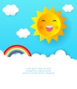 Cloudscape, paper cut sun and clouds, rainbow, paper art style, Summer frame. vector Illustration of cute summer background.