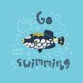 Vector illustration of a cute tropical fish in water with bubbles. Lettering Fish.