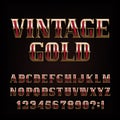 Vintage gold alphabet font. Ornate golden metal letters and number.