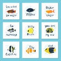 Set of vector illustrations - a cute tropical fish in water with bubbles. Original lettering.