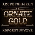 Ornate Gold alphabet font. Vintage golden letters and numbers with diamond gemstone.