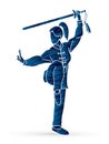 Woman with sword action, Kung Fu pose graphic Royalty Free Stock Photo