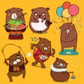 Vector cartoon style, brown bear character, Different cute emotions and activities to diet Isolated on color background.