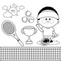 Tennis player boy. Vector black and white coloring page Royalty Free Stock Photo