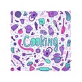 Cooking doodle square illustration. Sketch kitchenware. Ingredients. Kitchen utensil and appliance design elements.