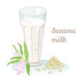 Sesame milk in a glass with a green branch of a plant and seeds.