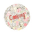 Cooking Lettering Doodle Round Illustration. Ingredients. Sketch Kitchenware.