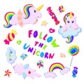 Colorful rainbow unicorns and sweets.