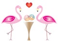 Two flamingos in love eating donuts - Valentines day theme