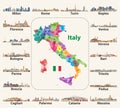 Vector illustration of Italy map with main italian cities skylines Royalty Free Stock Photo