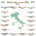 Italian map with main cities skylines. Vector illustration