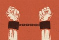 Man hands in strained steel handcuffs. Imprisoned hands in chains. Prisoners hands. Vintage styled vector illustration.