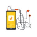 Headphones, Mobile with tangled headset cord, listening to music, Music player, Earbuds, Earphone, Tied up wire, audio device