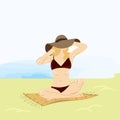 Girl resting on the beach. Summer retro cartoon illustration, trendy style,