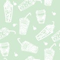 Pattern of many glass of juse, coffe, tee and other drinks. Bright doodle background in fresh colors