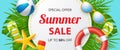 Summer sale vector banner design with colorful beach elements.