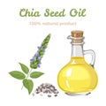 Chia seed oil in a glass bottle, branch of flowering green plant and heap of seeds