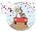 Happy newlyweds on the car. illustration.