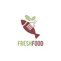 Fork logo with leaves and fish with a touch of vintage color. Intended for fresh food logos