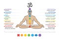 Yogi man in asana padmasana. Chakras set, vector Sahasrara, Ajna, Vishuddha, Anahata, Manipura, Svadhisthana, Muladhara Royalty Free Stock Photo