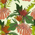 Red line protea flowers with exotic orange monstera and green tropical leaves, light blue background.