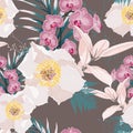 Seamless pattern with pink orchid flowers branch and white peony and many kind of exotic plants and palm leaves.