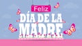 Feliz Dia de la Madre - Happy Mothers Day in Spanish language - Greeting Card. Letters on a magenta flower garden with butterflies Royalty Free Stock Photo