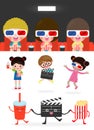 Children watching movie, Happy kids going to a movie together, movie and clapper and popcorn, child watching a movie in 3D, cinema Royalty Free Stock Photo