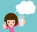 Cute kid holding glass of drinking milk with speech bubbles, Thumbs up. Healthy Concepts Vector Illustration Isolated background.