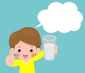 Cute kid holding glass of drinking milk with speech bubbles, Thumbs up. Healthy Concepts Vector Illustration Isolated background