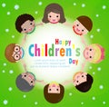 Happy children`s day background poster with happy kids holding hands in a circle on the meadow, vector illustration. Royalty Free Stock Photo