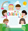 Happy children`s day background poster with happy kids holding sign, children peeping behind placard, vector illustration.