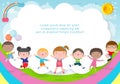 Kids Playing, cartoon happy children jumping summer background Template for advertising brochure, your text,Kids and frame