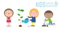 Vector Illustration Of Kids Planting in a park, children are plant trees, cute child volunteers, Save the World isolated