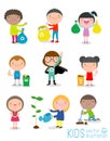 Cute kids volunteer. Children collect rubbish for recycling. A child plants trees. isolated on white background. Royalty Free Stock Photo