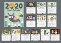 Forest calendar for 2020 year. Printable planner of 12 months with cute animals