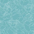 Hand drawn sketch illustration of tulips flowers seamless pattern. Floral blue line background, Royalty Free Stock Photo