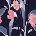 Pink line lily flowers with exotic plants, dark blue background. Floral seamless pattern.