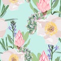 Seamless pattern with pink protea flowers branch and white peony and many kind of plants and grasses.