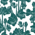 Hand drawn sketch illustration of lilies flowers seamless pattern. Floral vintage green background, Royalty Free Stock Photo
